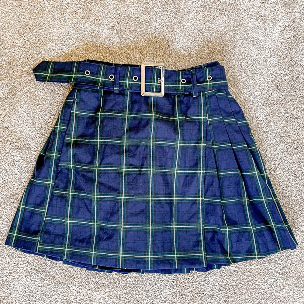 Wego Japan Blue White Green Plaid Pleated Mini Skirt SKORT Belt